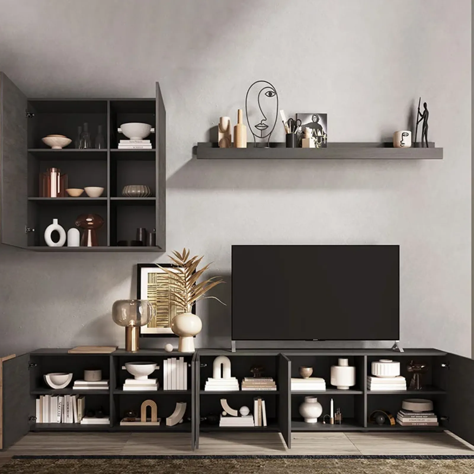 Garnero Arredamenti Parete Attrezzata A Terra|Pareti Attrezzate-Parete attrezzata 301x210h cm moderna titanio rovere Universal Antracite - Rovere