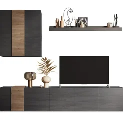 Garnero Arredamenti Parete Attrezzata A Terra|Pareti Attrezzate-Parete attrezzata 301x210h cm moderna titanio rovere Universal Antracite - Rovere