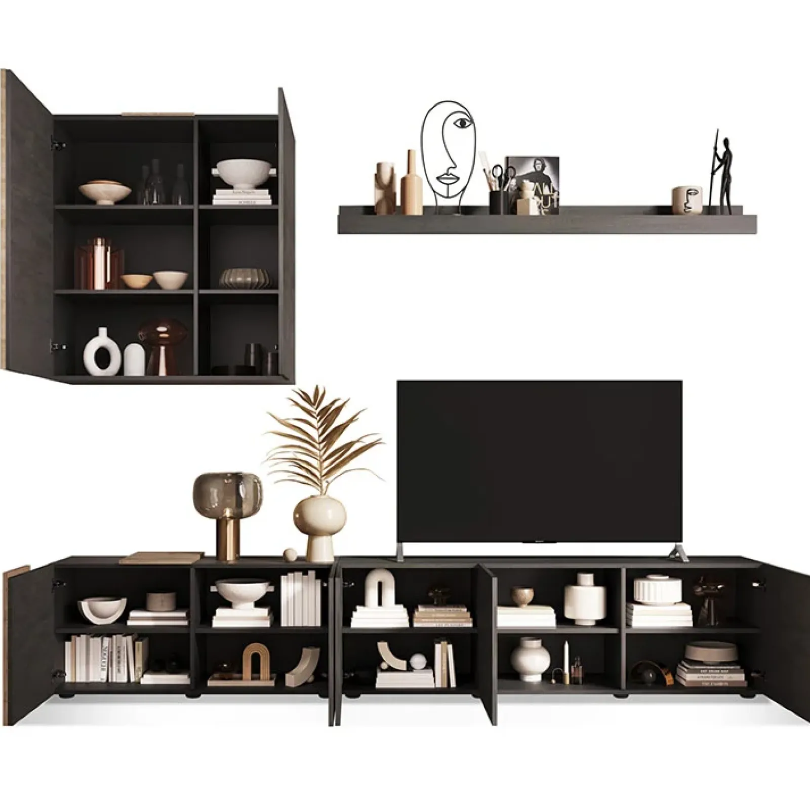 Garnero Arredamenti Parete Attrezzata A Terra|Pareti Attrezzate-Parete attrezzata 301x210h cm moderna titanio rovere Universal Antracite - Rovere