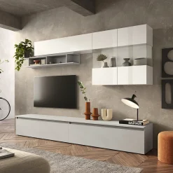 Garnero Arredamenti Parete Attrezzata A Terra|Pareti Attrezzate-Parete attrezzata 276x202h cm moderna grigio chiaro bianco lucido Sunset 71