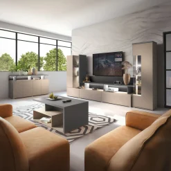 Garnero Arredamenti Parete Attrezzata A Terra|Pareti Attrezzate-Parete attrezzata 325x180h cm moderna con vetrina beige grigio Matt