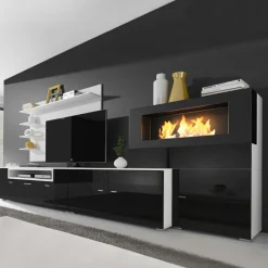 Garnero Arredamenti Camino Bioetanolo|Parete Attrezzata Con Camino-Parete attrezzata 288x170h cm moderna reversibile con biocamino nero Fire Gihome® Nero Lucido - Bianco opaco