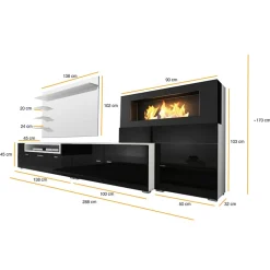 Garnero Arredamenti Camino Bioetanolo|Parete Attrezzata Con Camino-Parete attrezzata 288x170h cm moderna reversibile con biocamino nero Fire Gihome® Nero Lucido - Bianco opaco