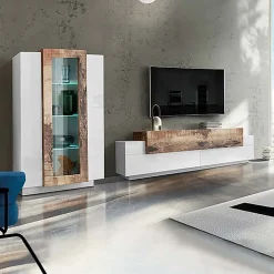 Garnero Arredamenti Parete Attrezzata A Terra|Pareti Attrezzate-Parete attrezzata 290x121h cm moderna bianco lucido acero Milos Gihome® Bianco Lucido - Rovere Rustico