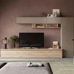 Garnero Arredamenti Parete Attrezzata A Terra|Pareti Attrezzate-Parete attrezzata 331x186h cm moderna tortora rovere chiaro Sunset 31