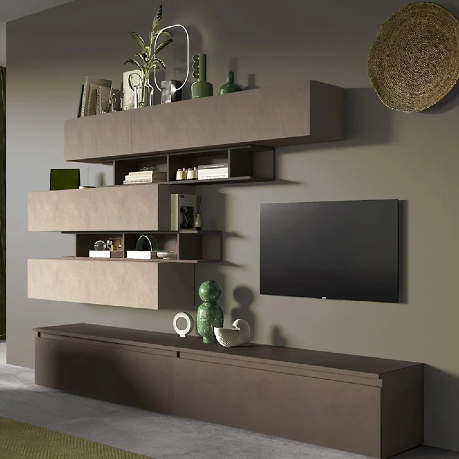 Garnero Arredamenti Parete Attrezzata A Terra|Pareti Attrezzate-Parete attrezzata 276x190h cm moderna tortora marrone bronzo Sunset 26 Tortora - Bronzo