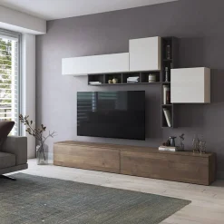 Garnero Arredamenti Parete Attrezzata A Terra|Pareti Attrezzate-Parete attrezzata 258x200h cm moderna soggiorno noce bianco Bellon Noce - Bianco