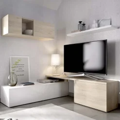 Garnero Arredamenti Parete Attrezzata A Terra|Pareti Attrezzate-Parete attrezzata 201x155h cm moderna rovere naturale bianco lucido Gomer