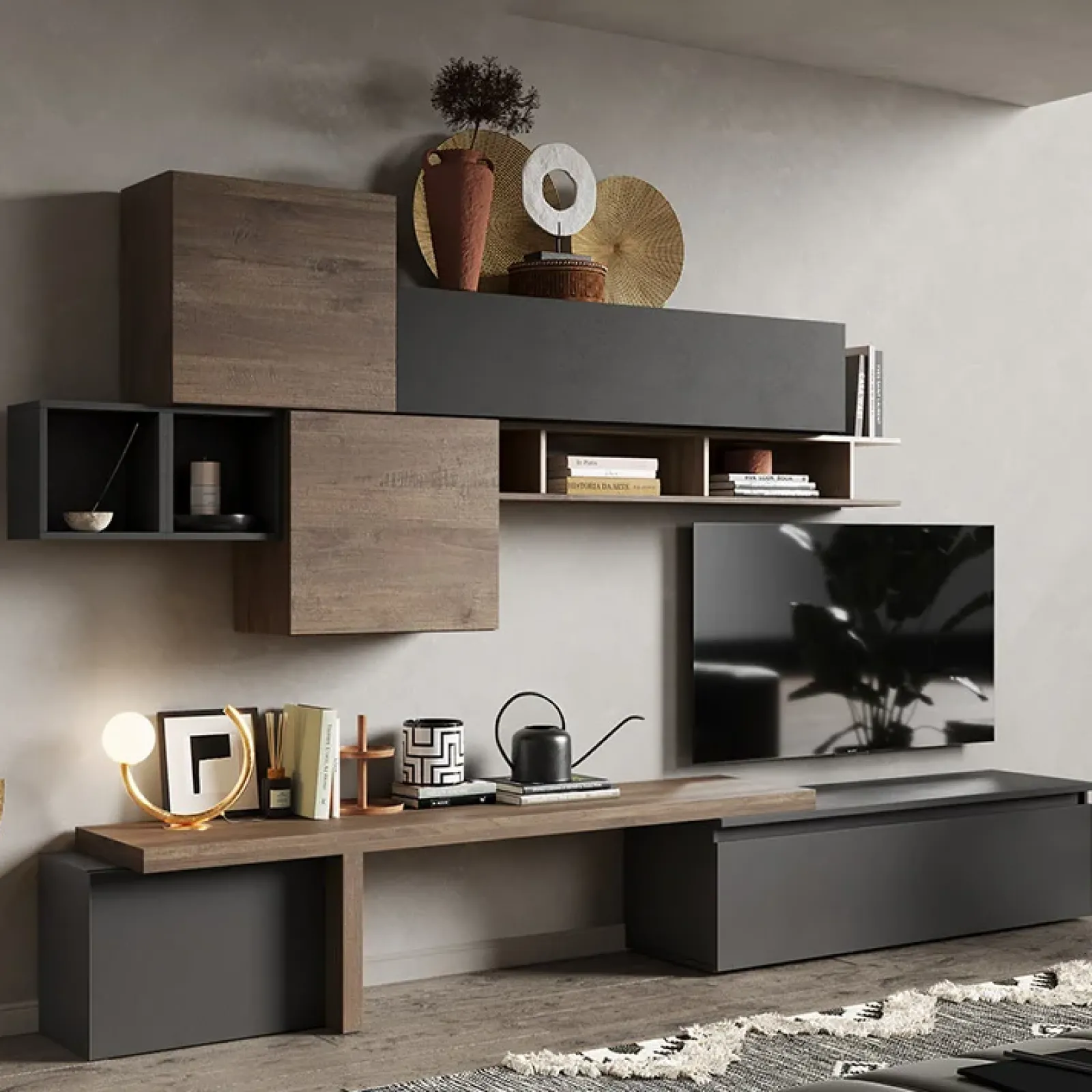 Garnero Arredamenti Parete Attrezzata A Terra|Pareti Attrezzate-Parete attrezzata 330x195h cm moderna ossido nero rovere scuro Sunset 28 Noce - Ossido