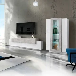 Garnero Arredamenti Parete Attrezzata A Terra|Pareti Attrezzate-Parete attrezzata 290x121h cm moderna bianco lucido cemento Milos Gihome® Cemento - Bianco Lucido