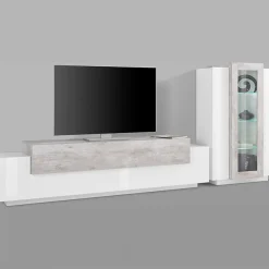 Garnero Arredamenti Parete Attrezzata A Terra|Pareti Attrezzate-Parete attrezzata 290x121h cm moderna bianco lucido cemento Milos Gihome® Cemento - Bianco Lucido