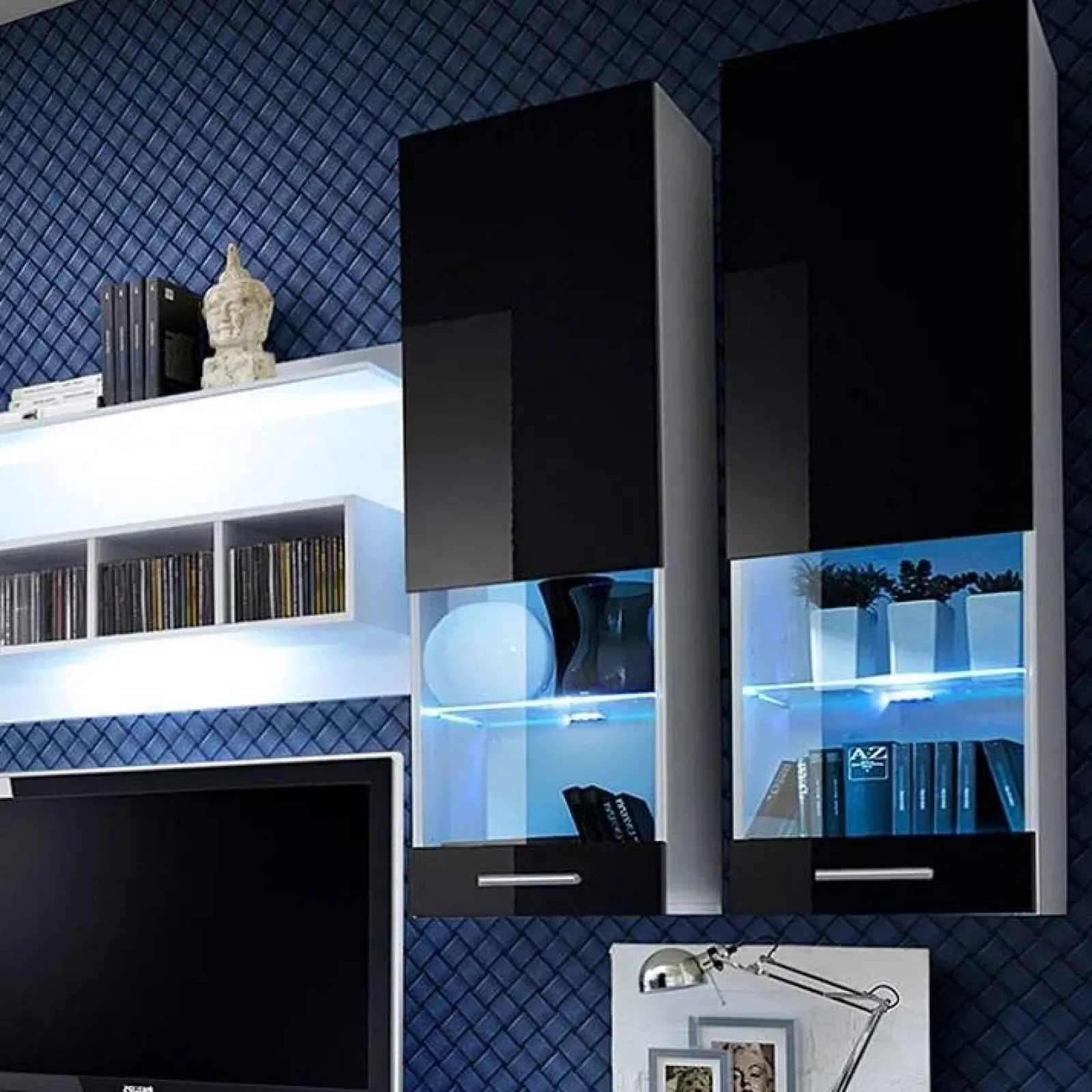 Garnero Arredamenti Parete Attrezzata A Terra|Pareti Attrezzate-Parete attrezzata 300x190h cm moderna bianco opaco nero lucido Baltimora Gihome® Nero Lucido - Bianco opaco