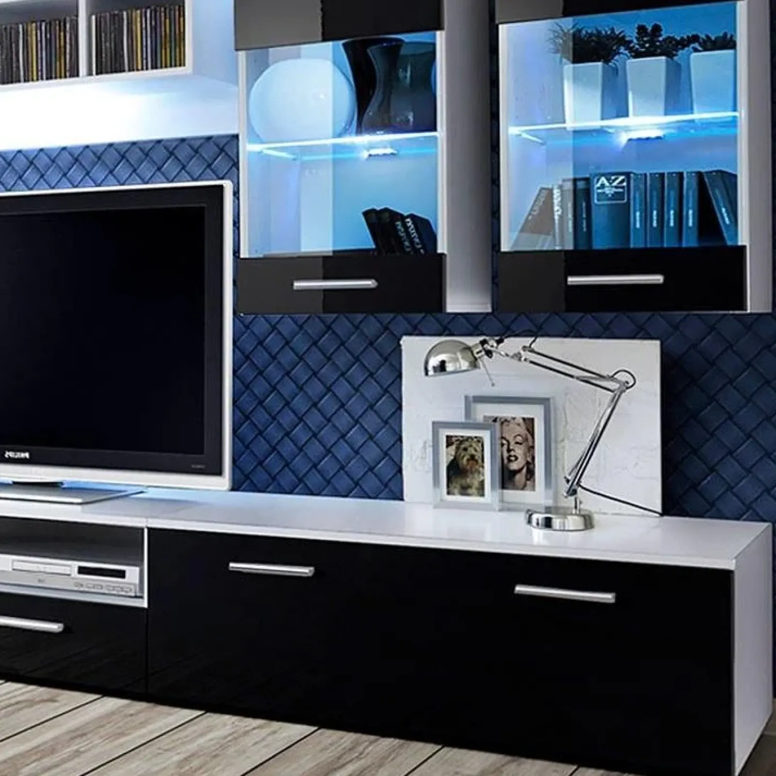 Garnero Arredamenti Parete Attrezzata A Terra|Pareti Attrezzate-Parete attrezzata 300x190h cm moderna bianco opaco nero lucido Baltimora Gihome® Nero Lucido - Bianco opaco