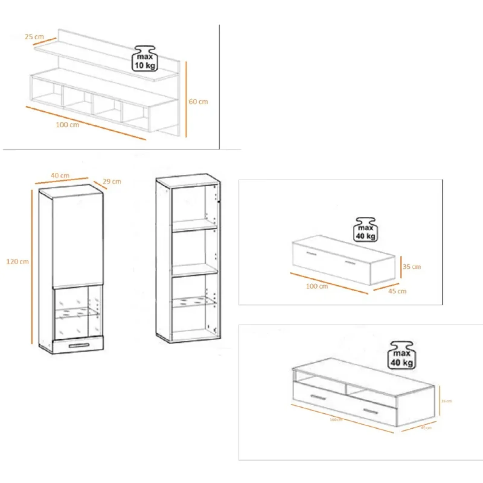 Garnero Arredamenti Parete Attrezzata A Terra|Pareti Attrezzate-Parete attrezzata 300x190h cm moderna bianco opaco nero lucido Baltimora Gihome® Nero Lucido - Bianco opaco