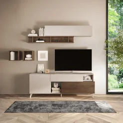 Garnero Arredamenti Parete Attrezzata A Terra|Pareti Attrezzate-Parete attrezzata 181x205h cm moderna beige rovere scuro Witty Noce - Beige