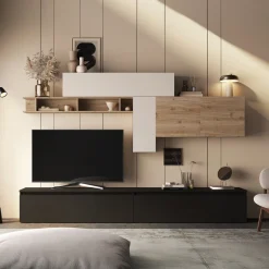 Garnero Arredamenti Parete Attrezzata A Terra|Pareti Attrezzate-Parete attrezzata 276x195h cm moderna beige ossido rovere chiaro Sunset 66