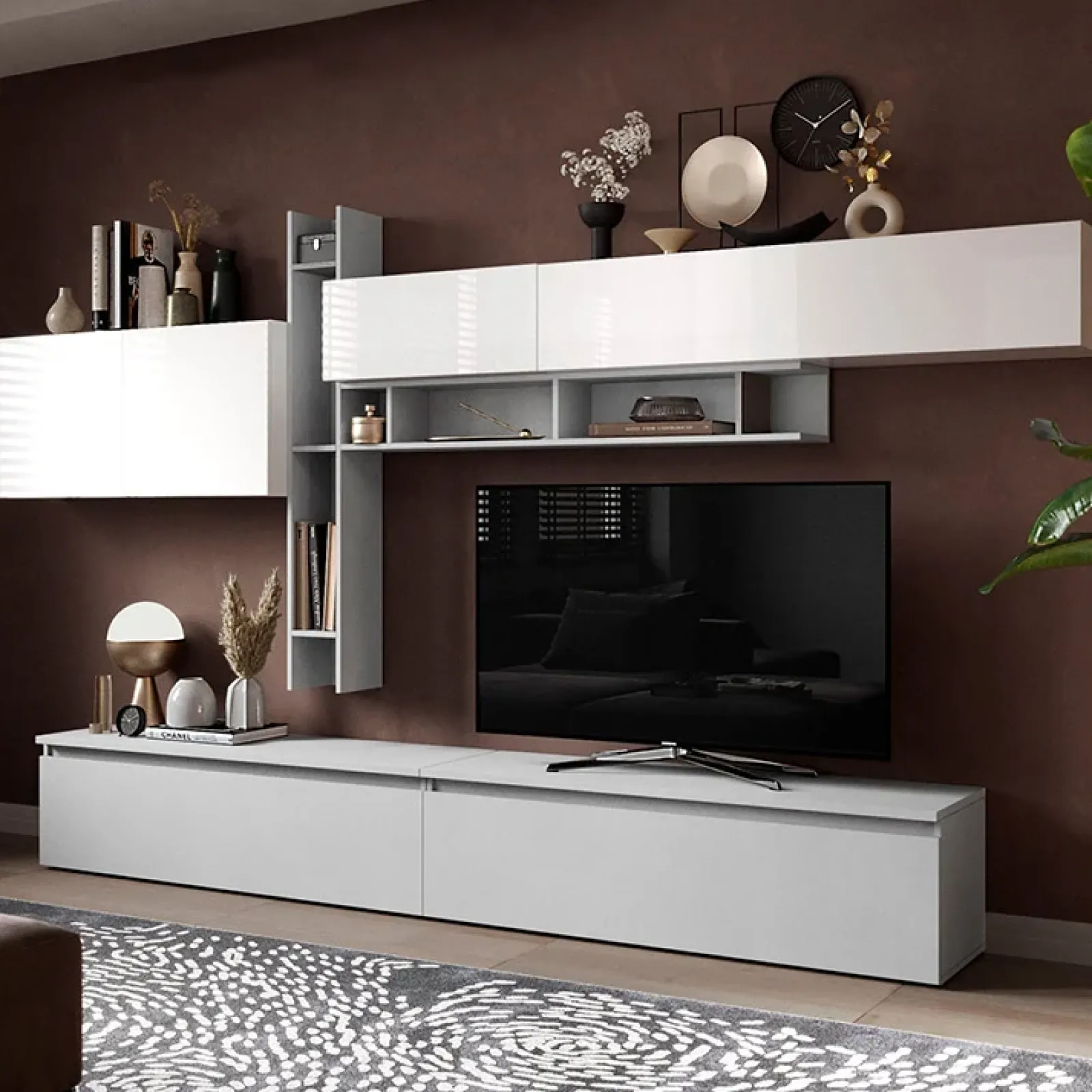 Garnero Arredamenti Parete Attrezzata A Terra|Pareti Attrezzate-Parete attrezzata 336x200h cm moderna bianco lucido grigio Sunset 32 Bianco Lucido - Grigio