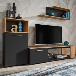 Garnero Arredamenti Parete Attrezzata A Terra|Pareti Attrezzate-Parete attrezzata 200x160h cm moderna nero opaco rovere Caravaggio Nero Opaco - Rovere Rustico