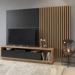 Garnero Arredamenti Parete Attrezzata A Terra|Pareti Attrezzate-Parete attrezzata 251x196h cm moderna rovere nero Favorita Rovere - Nero opaco