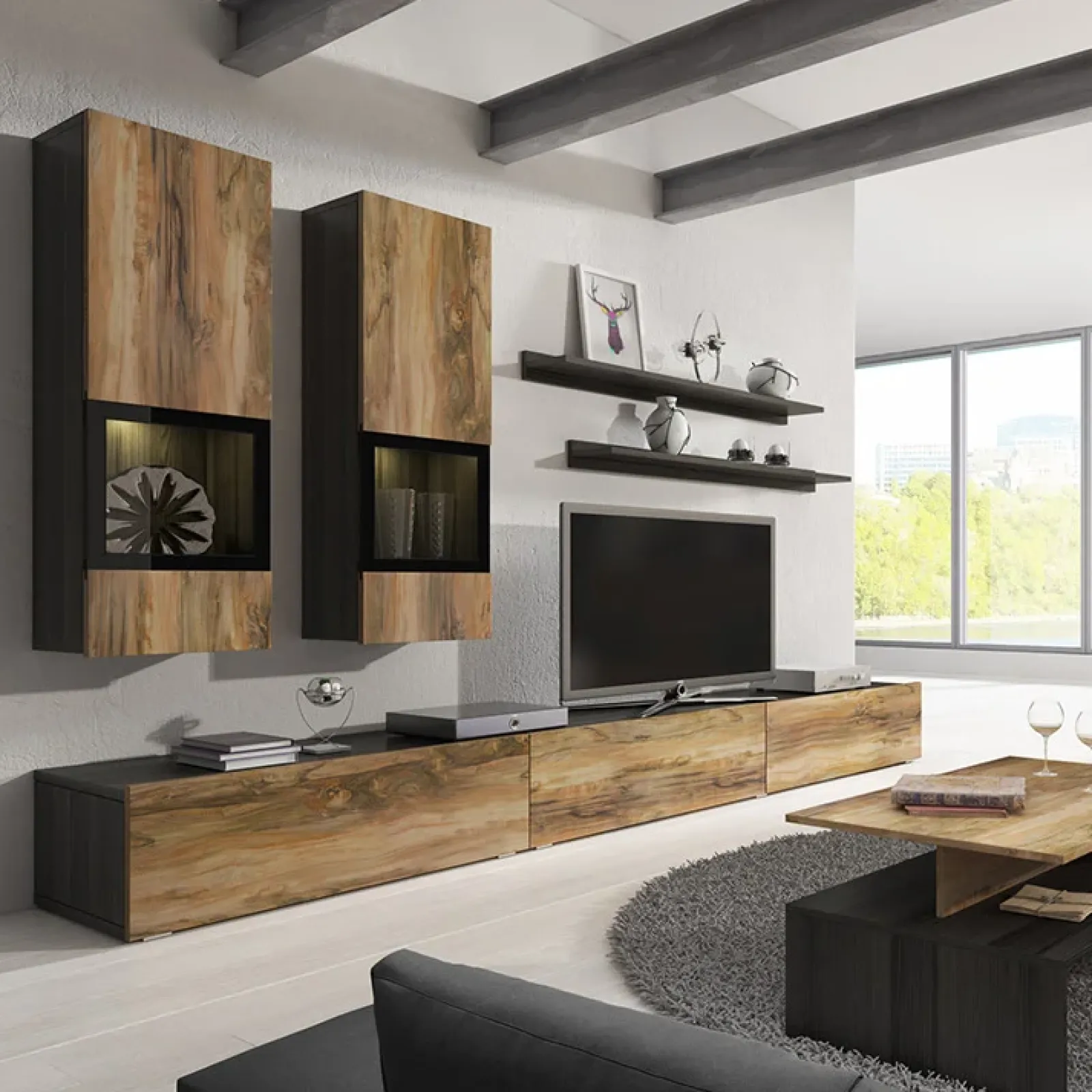 Garnero Arredamenti Parete Attrezzata A Terra|Pareti Attrezzate-Parete attrezzata 270x176h cm moderna noce antico nero frassinato Emotion Gihome® Nero Frassinato - Noce