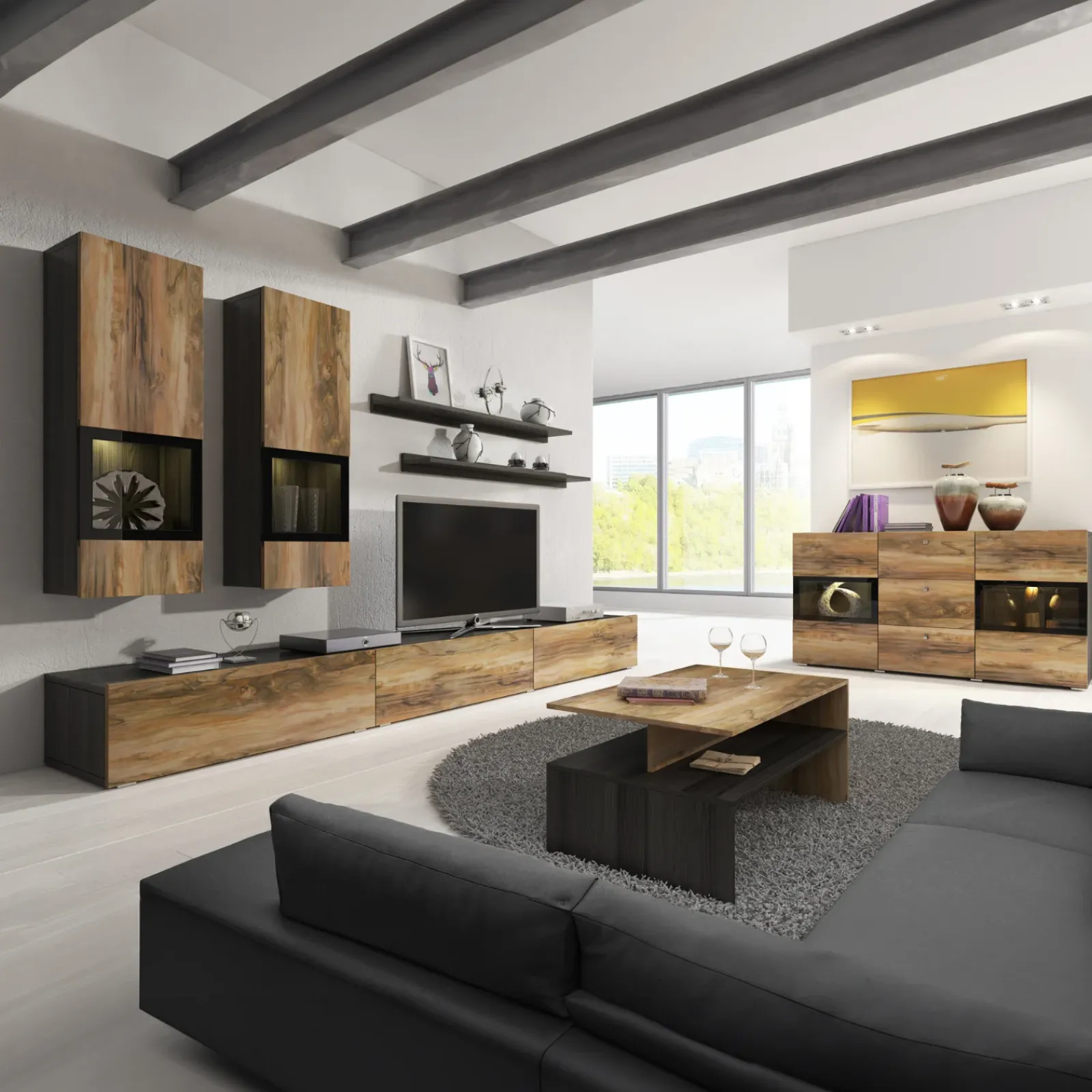 Garnero Arredamenti Parete Attrezzata A Terra|Pareti Attrezzate-Parete attrezzata 270x176h cm moderna noce antico nero frassinato Emotion Gihome® Nero Frassinato - Noce