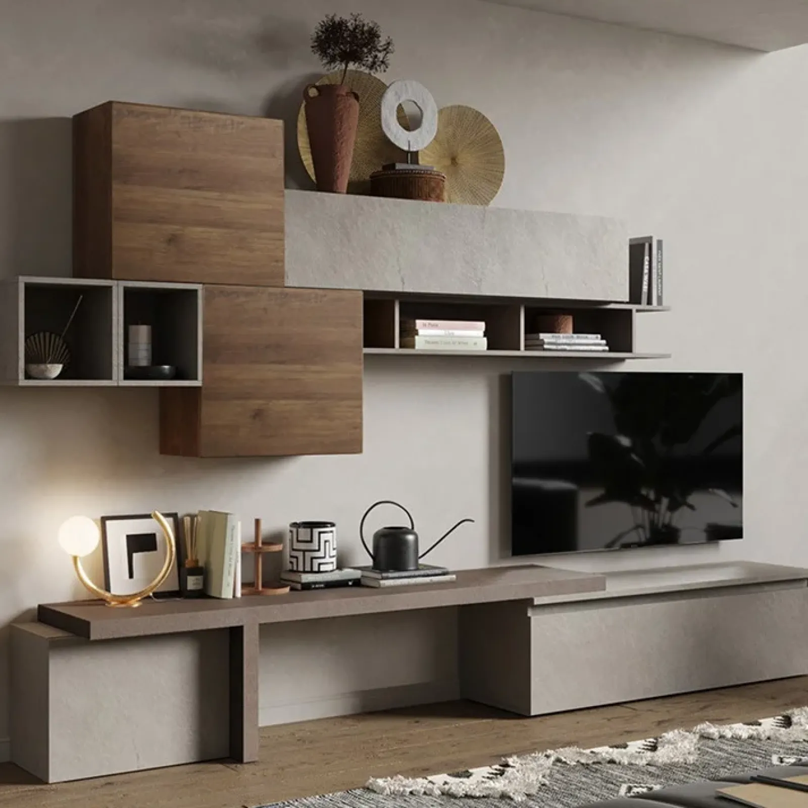 Garnero Arredamenti Parete Attrezzata A Terra|Pareti Attrezzate-Parete attrezzata 330x195h cm moderna tortora marrone rovere Sunset 28 Tortora - Noce