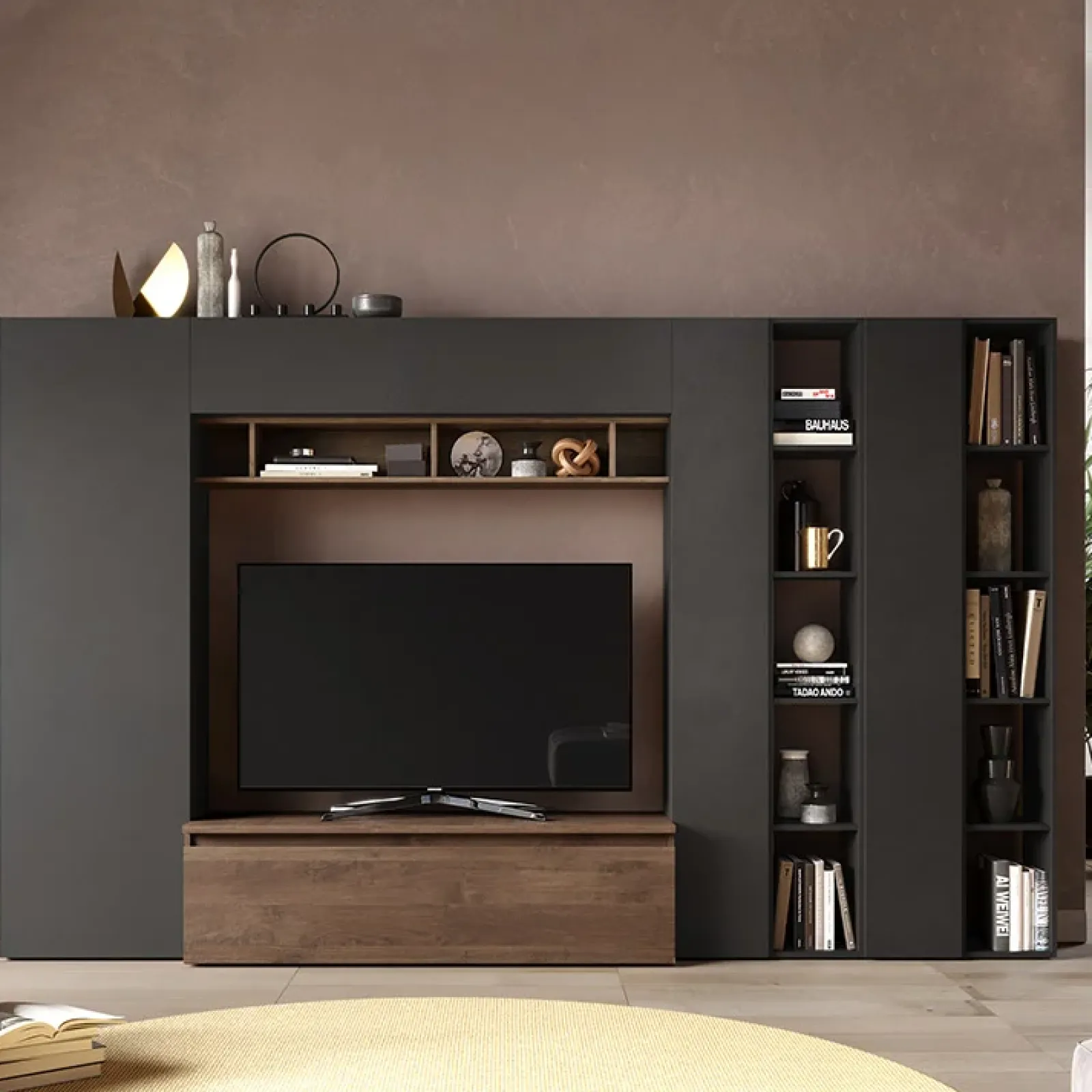 Garnero Arredamenti Parete Attrezzata A Terra|Pareti Attrezzate-Parete attrezzata 305x186h cm moderna ossido nero rovere Sunset 36 Antracite - Noce