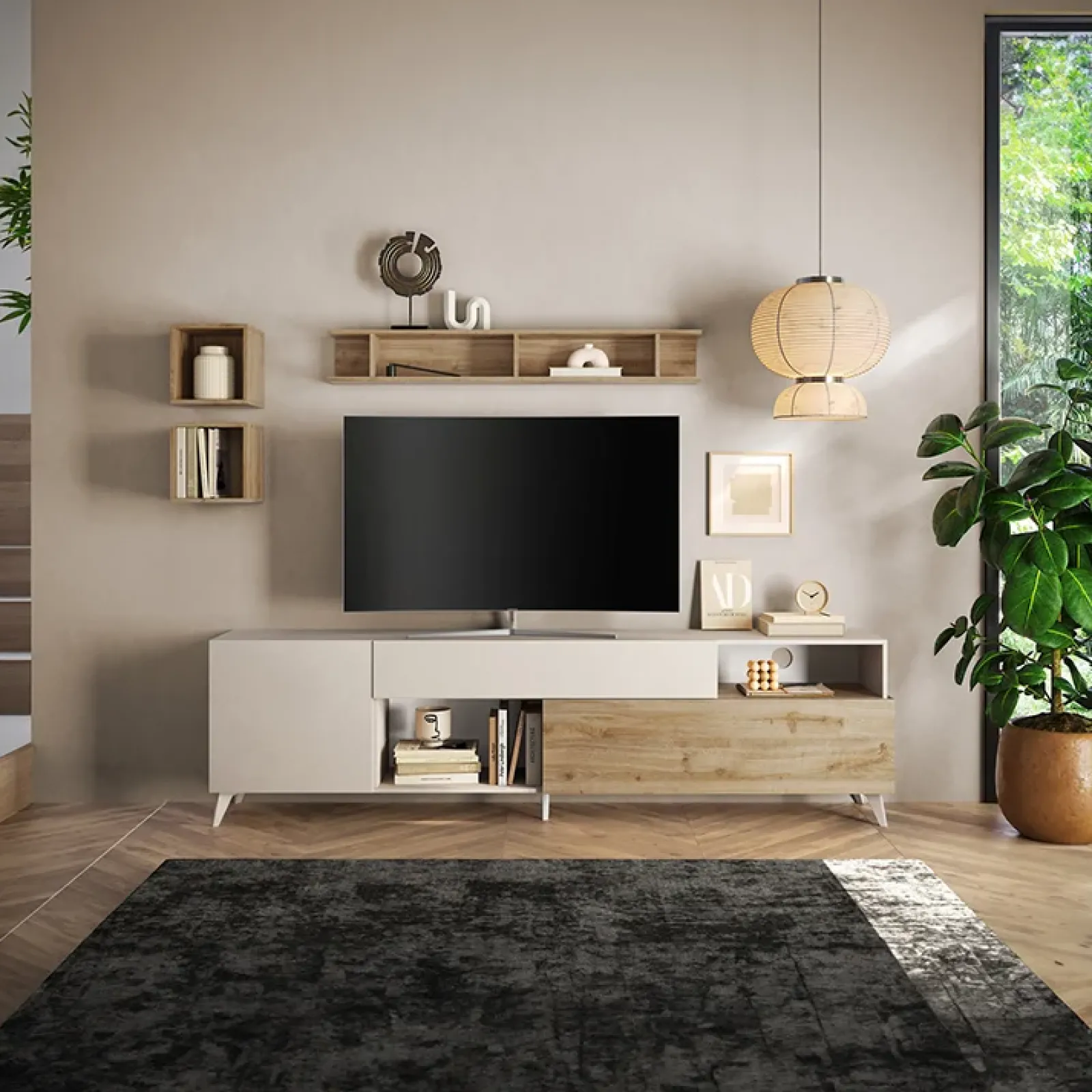 Garnero Arredamenti Parete Attrezzata A Terra|Pareti Attrezzate-Parete attrezzata 241x176h cm moderna beige rovere chiaro Witty Rovere - Beige