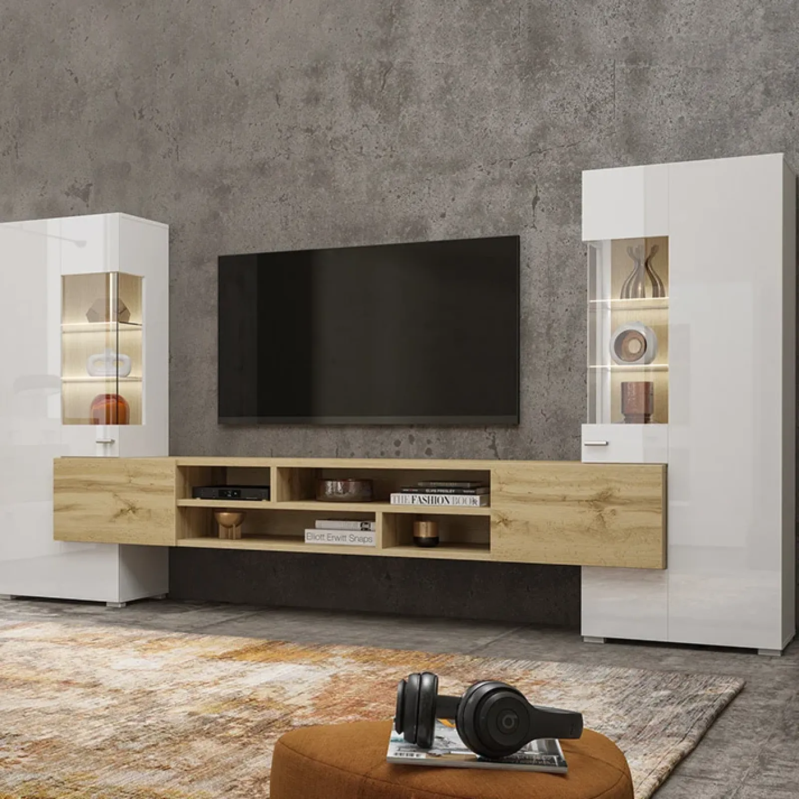 Garnero Arredamenti Parete Attrezzata A Terra|Pareti Attrezzate-Parete attrezzata 270x143h cm moderna bianco rovere Maserati Rovere - Bianco Lucido