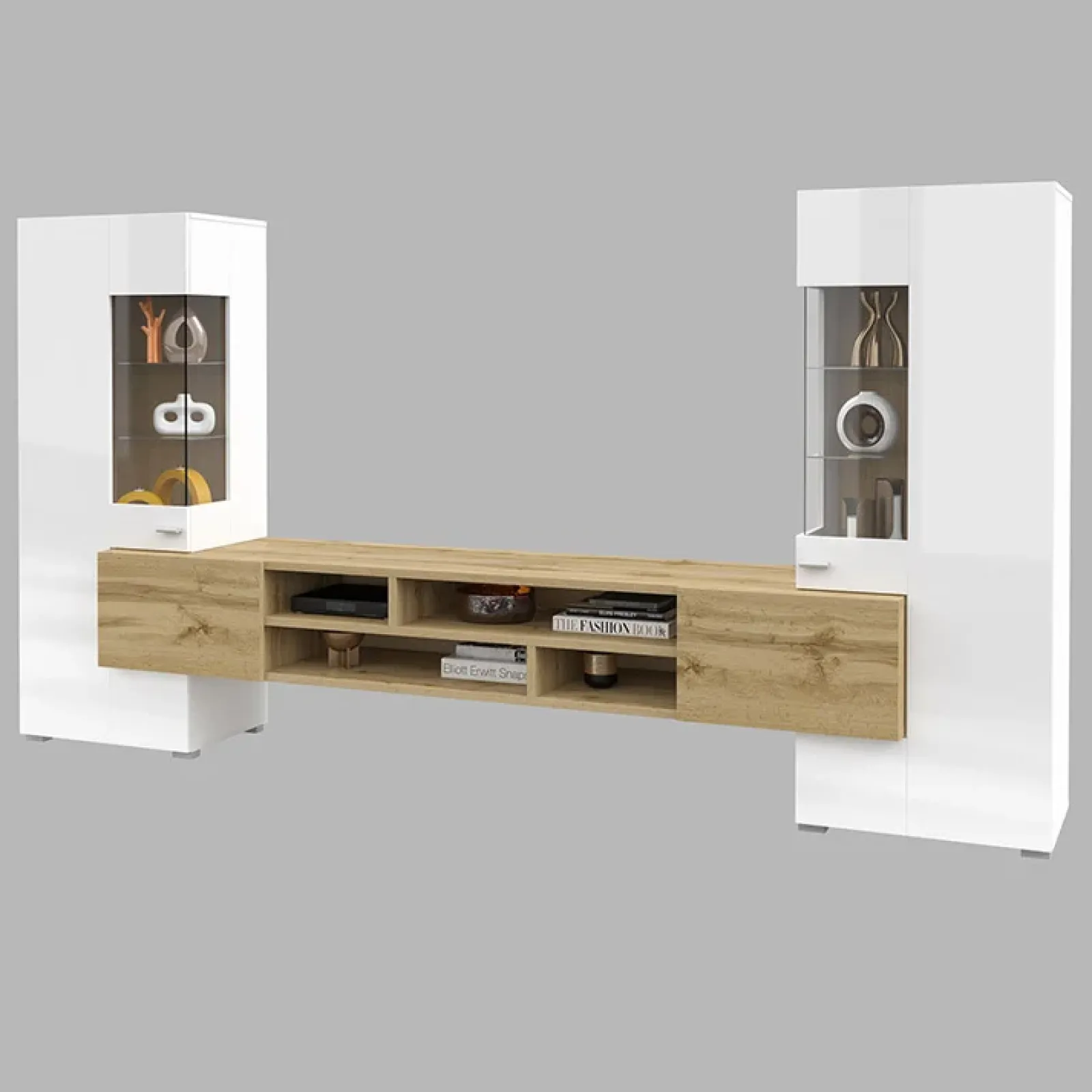 Garnero Arredamenti Parete Attrezzata A Terra|Pareti Attrezzate-Parete attrezzata 270x143h cm moderna bianco rovere Maserati Rovere - Bianco Lucido