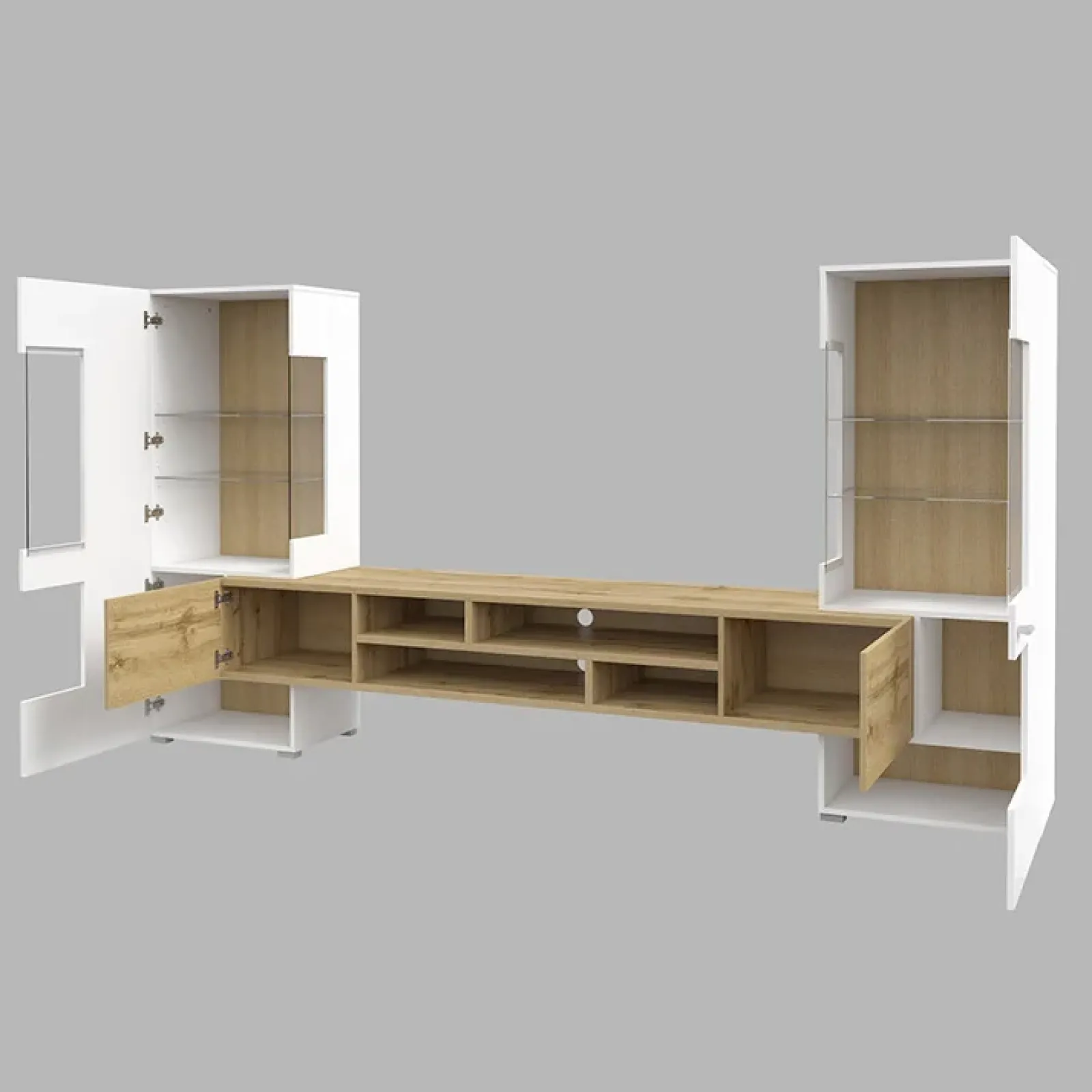 Garnero Arredamenti Parete Attrezzata A Terra|Pareti Attrezzate-Parete attrezzata 270x143h cm moderna bianco rovere Maserati Rovere - Bianco Lucido