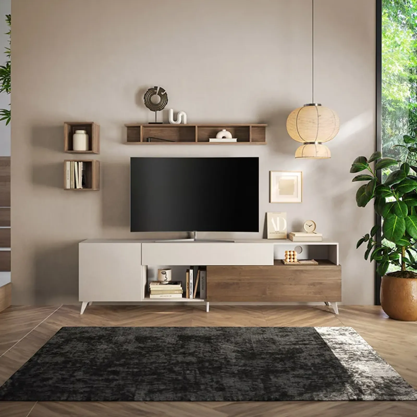 Garnero Arredamenti Parete Attrezzata A Terra|Pareti Attrezzate-Parete attrezzata 241x176h cm moderna beige rovere scuro Witty Noce - Beige