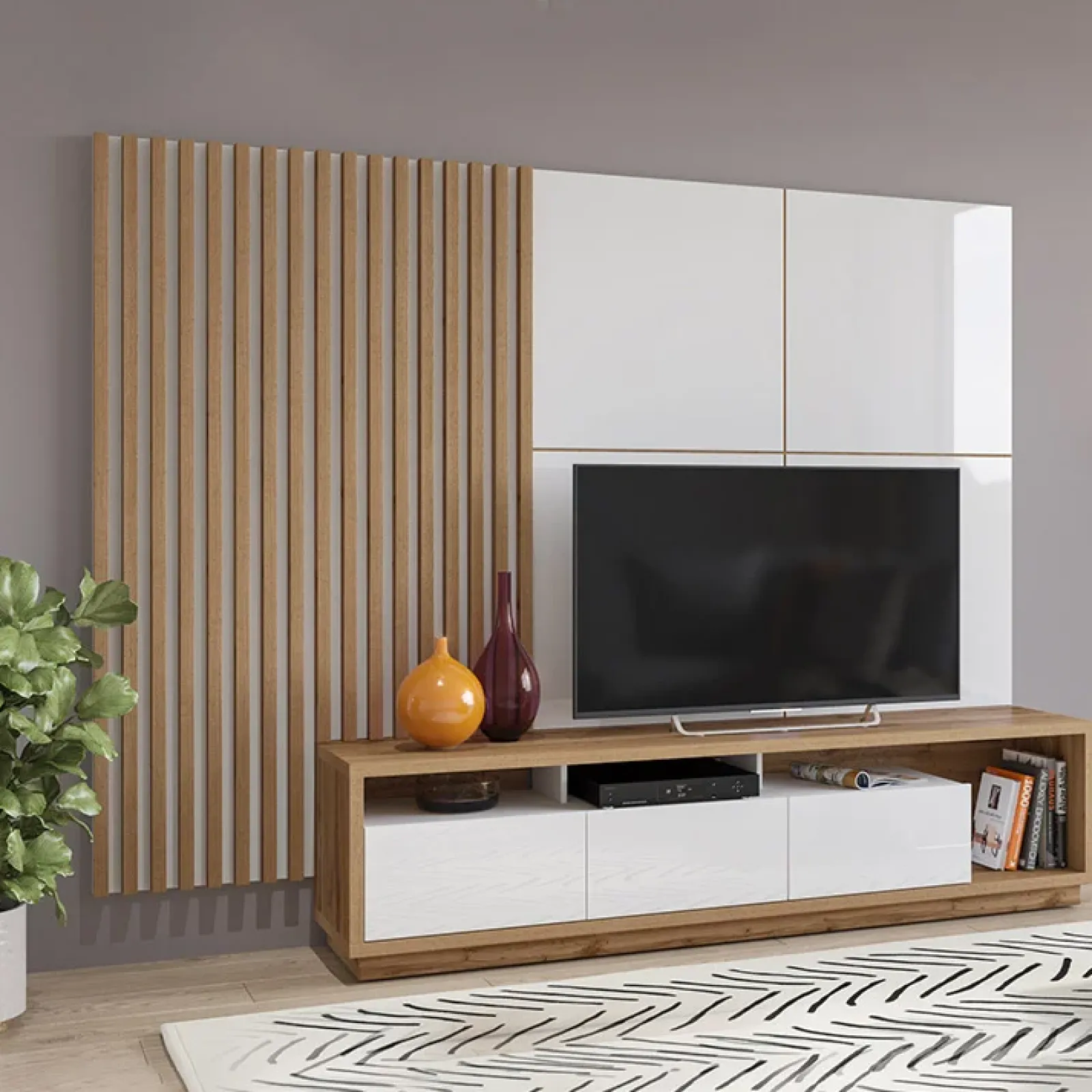 Garnero Arredamenti Parete Attrezzata A Terra|Pareti Attrezzate-Parete attrezzata 251x196h cm moderna bianco lucido rovere Favorita Rovere - Bianco Lucido