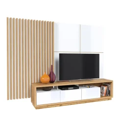 Garnero Arredamenti Parete Attrezzata A Terra|Pareti Attrezzate-Parete attrezzata 251x196h cm moderna bianco lucido rovere Favorita Rovere - Bianco Lucido