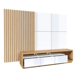 Garnero Arredamenti Parete Attrezzata A Terra|Pareti Attrezzate-Parete attrezzata 251x196h cm moderna bianco lucido rovere Favorita Rovere - Bianco Lucido