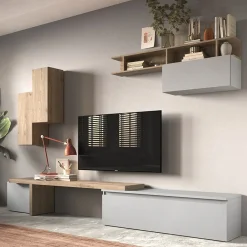 Garnero Arredamenti Parete Attrezzata A Terra|Pareti Attrezzate-Parete attrezzata 330x200h cm moderna rovere grigio chiaro Sunset 33 Grigio - Rovere