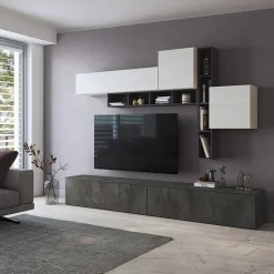 Garnero Arredamenti Parete Attrezzata A Terra|Pareti Attrezzate-Parete attrezzata 258x200h cm moderna soggiorno ossido bianco Bellon Ossido - Bianco opaco