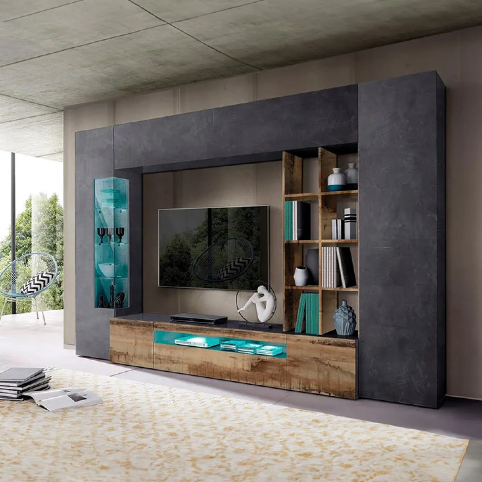 Garnero Arredamenti Parete Attrezzata A Terra|Pareti Attrezzate-Parete attrezzata 290x192h cm moderna grigio ardesia acero pereira Zenith Grigio - Noce