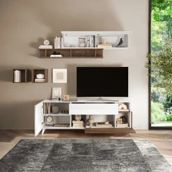 Garnero Arredamenti Parete Attrezzata A Terra|Pareti Attrezzate-Parete attrezzata 181x205h cm moderna bianco lucido rovere scuro Witty Noce - Bianco Lucido