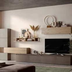 Garnero Arredamenti Parete Attrezzata A Terra|Pareti Attrezzate-Parete attrezzata 375x170h cm moderna rovere tortora marrone Sunset 37