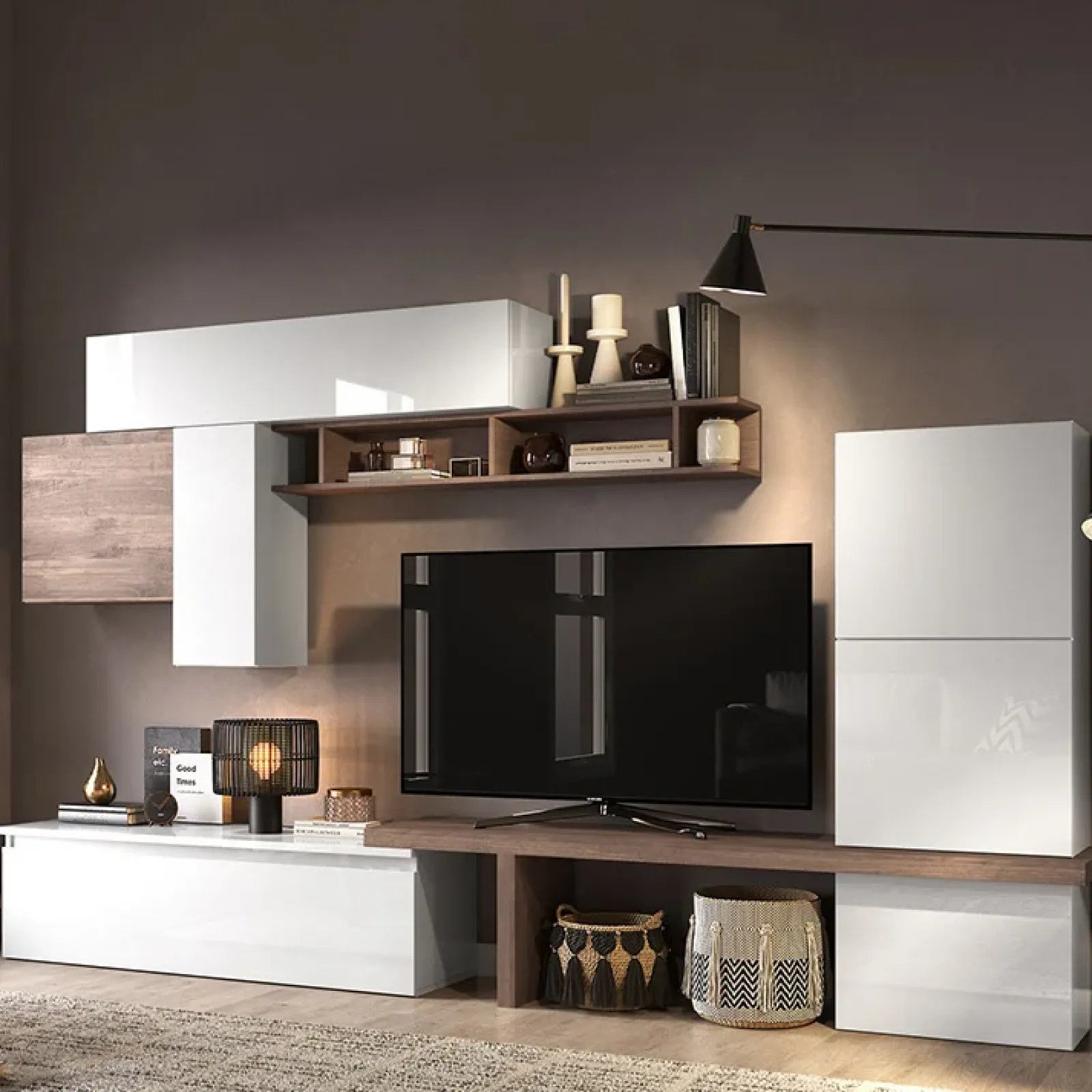 Garnero Arredamenti Parete Attrezzata A Terra|Pareti Attrezzate-Parete attrezzata 300x195h cm moderna rovere scuro bianco lucido Sunset 46 Bianco Lucido - Rovere