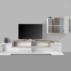 Garnero Arredamenti Parete Attrezzata A Terra|Pareti Attrezzate-Parete attrezzata 240x180h cm moderna bianco pero Milos Gihome® Bianco Lucido - Rovere Rustico