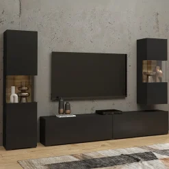 Garnero Arredamenti Parete Attrezzata A Terra|Pareti Attrezzate-Parete attrezzata 226x140h cm nero rovere Fusion 2 Nero Opaco