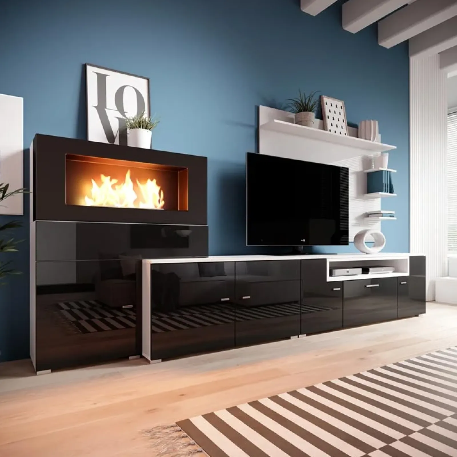 Garnero Arredamenti Camino Bioetanolo|Parete Attrezzata Con Camino-Parete attrezzata 288x170h cm nera camino bioetanolo Olympo Nero Lucido - Bianco opaco