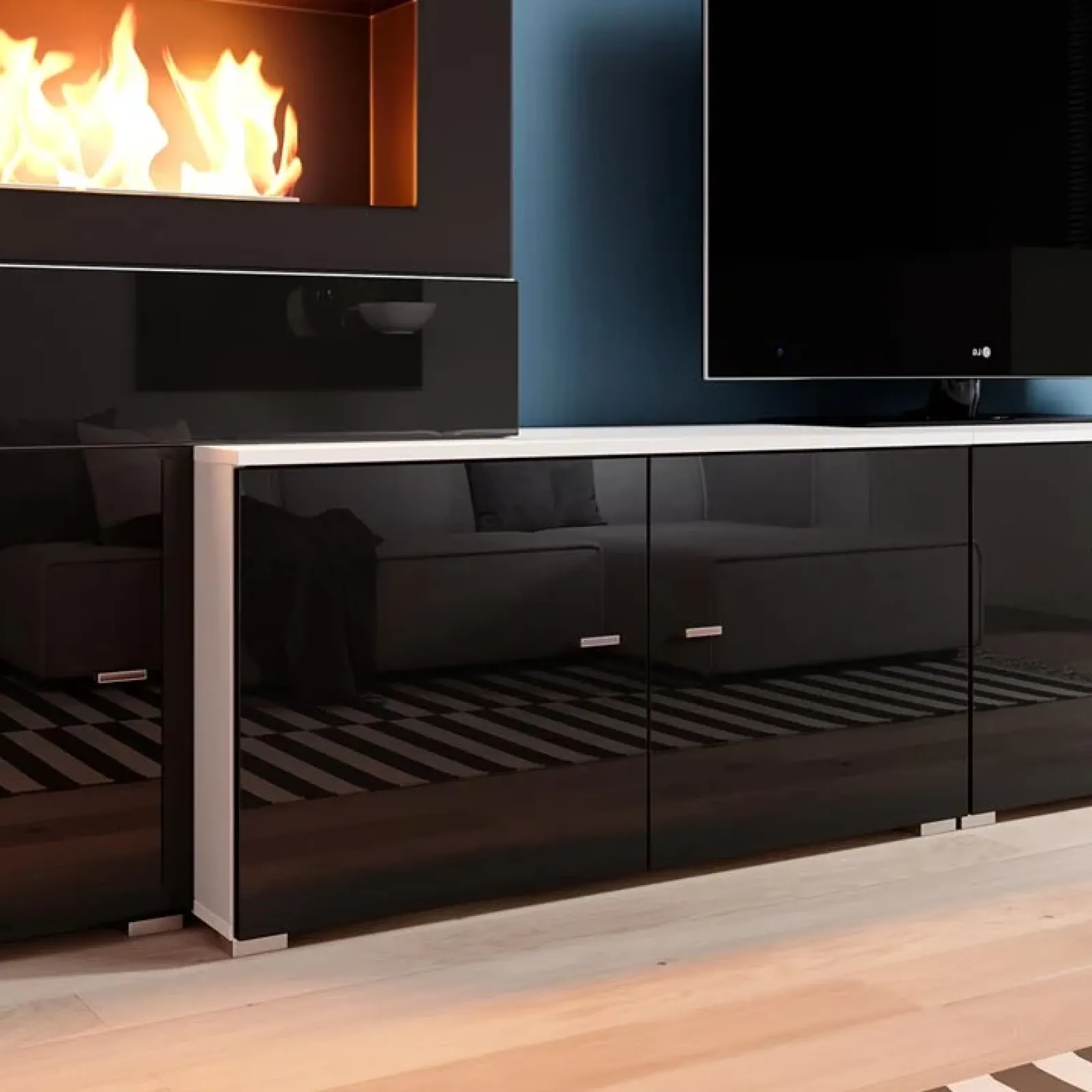 Garnero Arredamenti Camino Bioetanolo|Parete Attrezzata Con Camino-Parete attrezzata 288x170h cm nera camino bioetanolo Olympo Nero Lucido - Bianco opaco