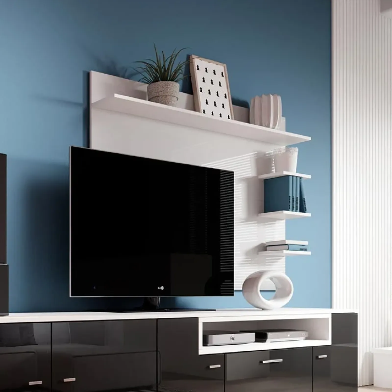 Garnero Arredamenti Camino Bioetanolo|Parete Attrezzata Con Camino-Parete attrezzata 288x170h cm nera camino bioetanolo Olympo Nero Lucido - Bianco opaco