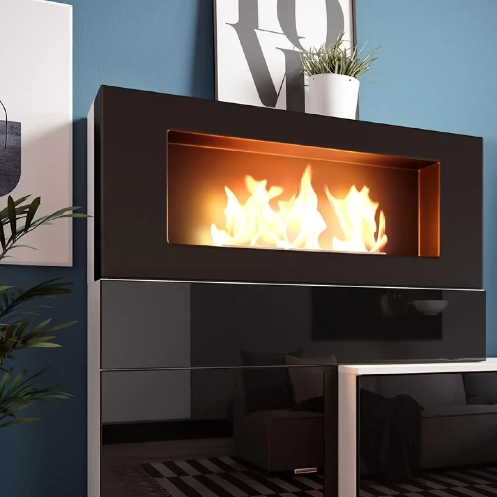 Garnero Arredamenti Camino Bioetanolo|Parete Attrezzata Con Camino-Parete attrezzata 288x170h cm nera camino bioetanolo Olympo Nero Lucido - Bianco opaco