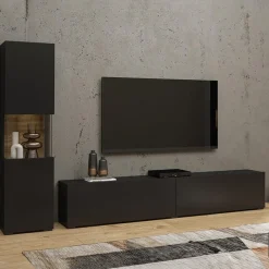 Garnero Arredamenti Parete Attrezzata A Terra|Pareti Attrezzate-Parete attrezzata 226x140h cm nero rovere Fusion 1 Nero Opaco