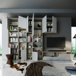 Garnero Arredamenti Parete Attrezzata A Terra|Pareti Attrezzate-Parete attrezzata 340x205h cm rovere bianco lucido con led Shanti