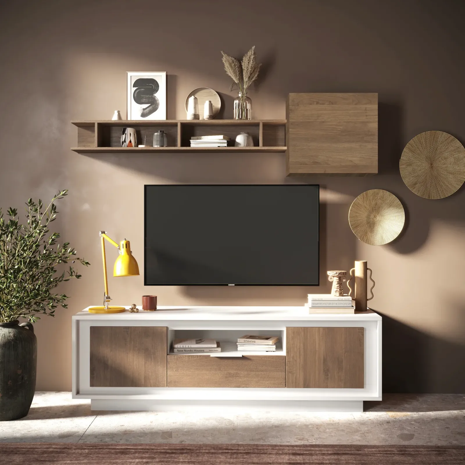 Garnero Arredamenti Parete Attrezzata A Terra|Pareti Attrezzate-Parete attrezzata 180x200h cm rovere scuro Deluxe Rovere Rustico - Bianco opaco